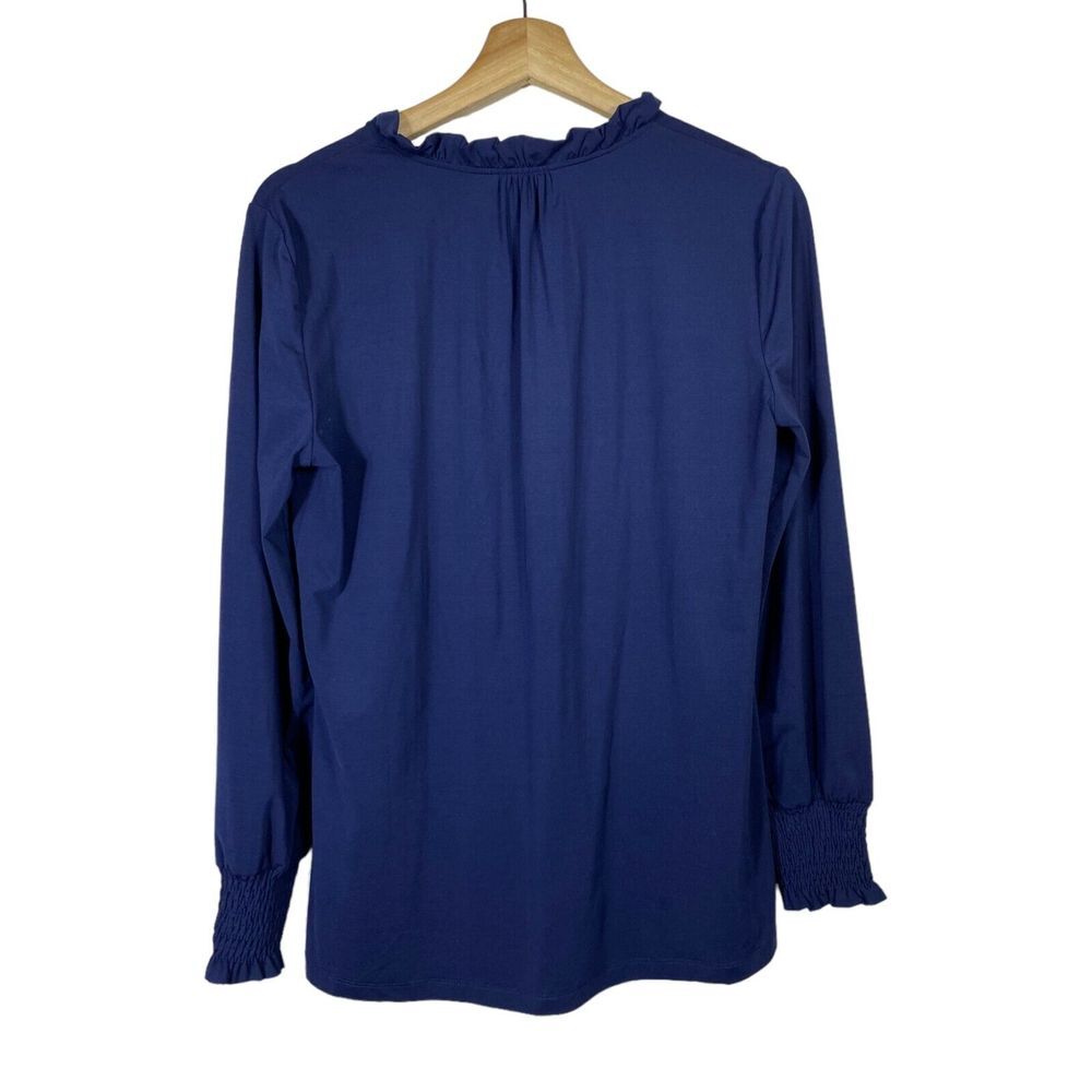 J. McLaughlin‎ Top Sz S Blue Ruffle Smocked Bishop Sleeve Stretch V-Neck Office - Picture 2 of 6